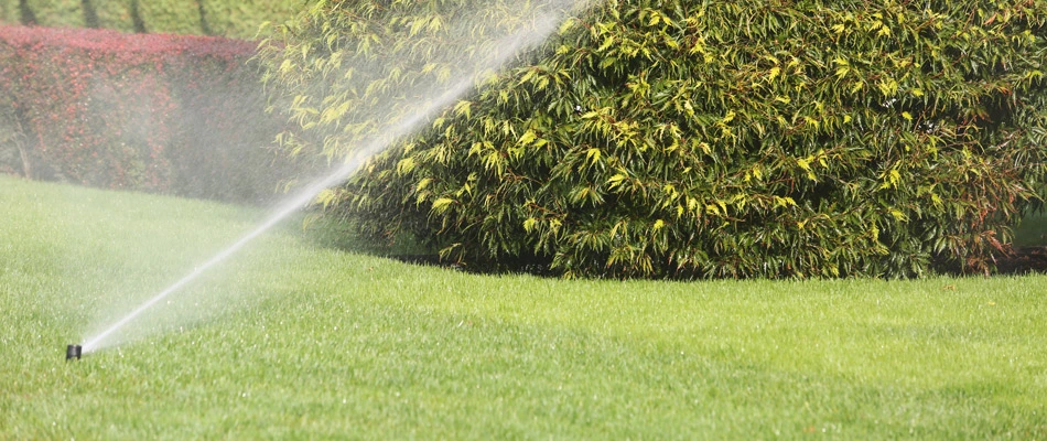 Sprinkler in a lawn watering landscape in Manhattan, NY.