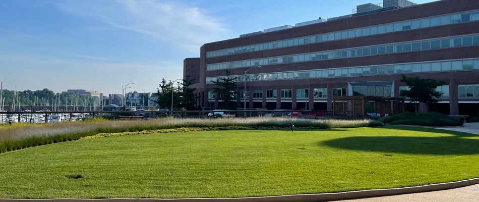 A commercial building's lawn mowed by Ascape Landscape in Allendale, NJ.