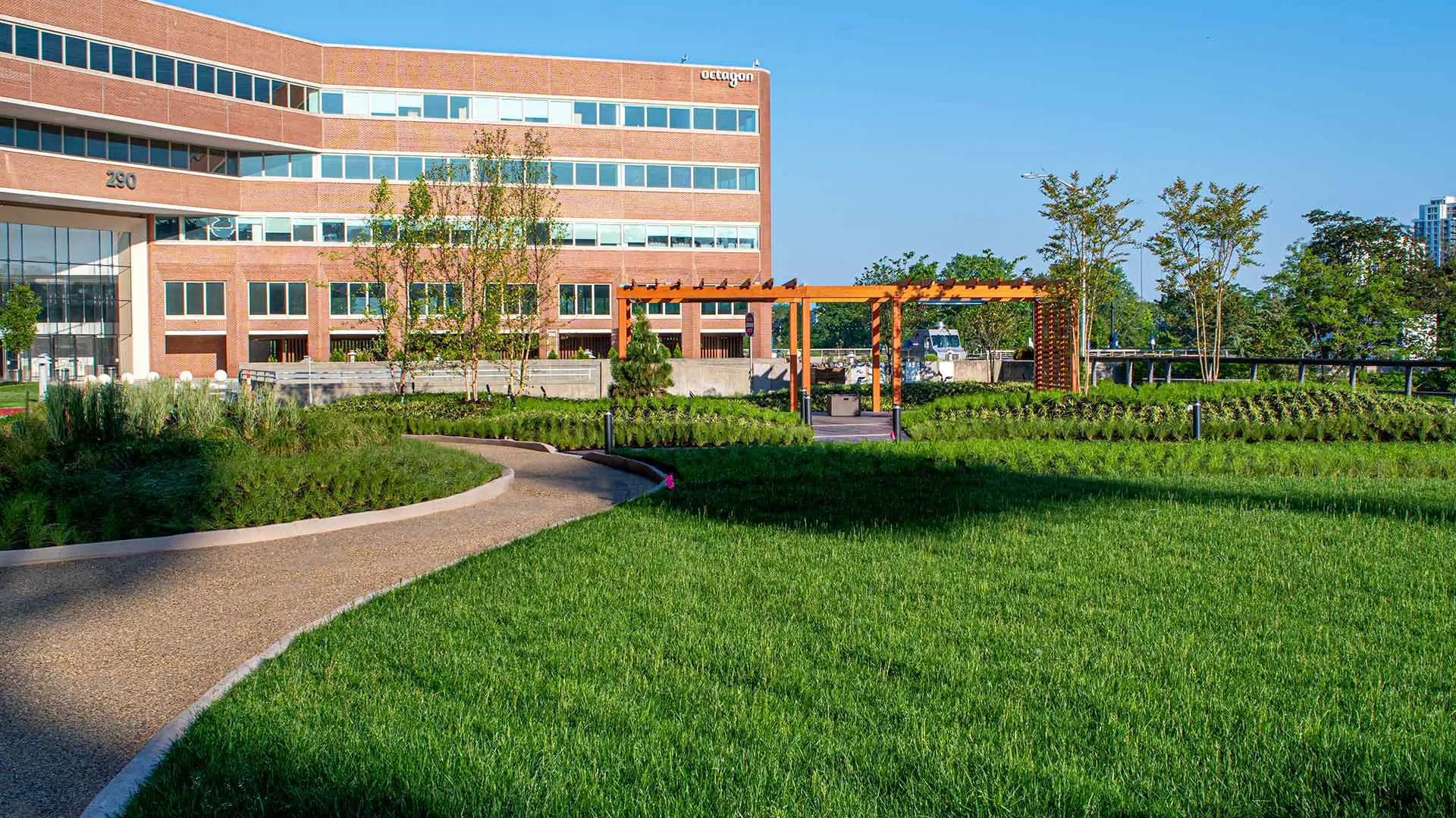 Commercial park with pavilion and large scale plantings near Alpine, NJ.