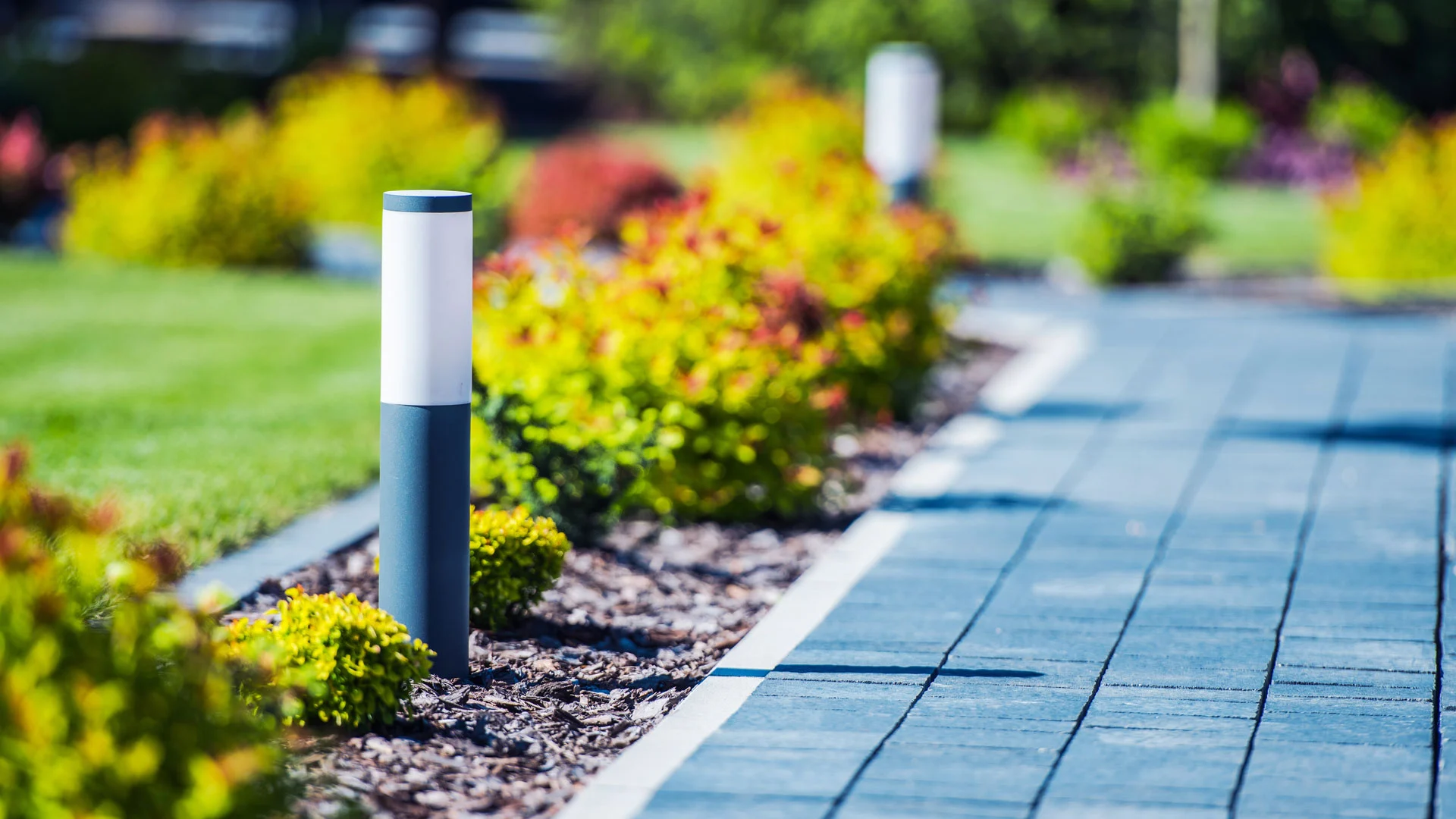 Landscape lighting in landscape bed beside a walkway in Allendale, NJ.