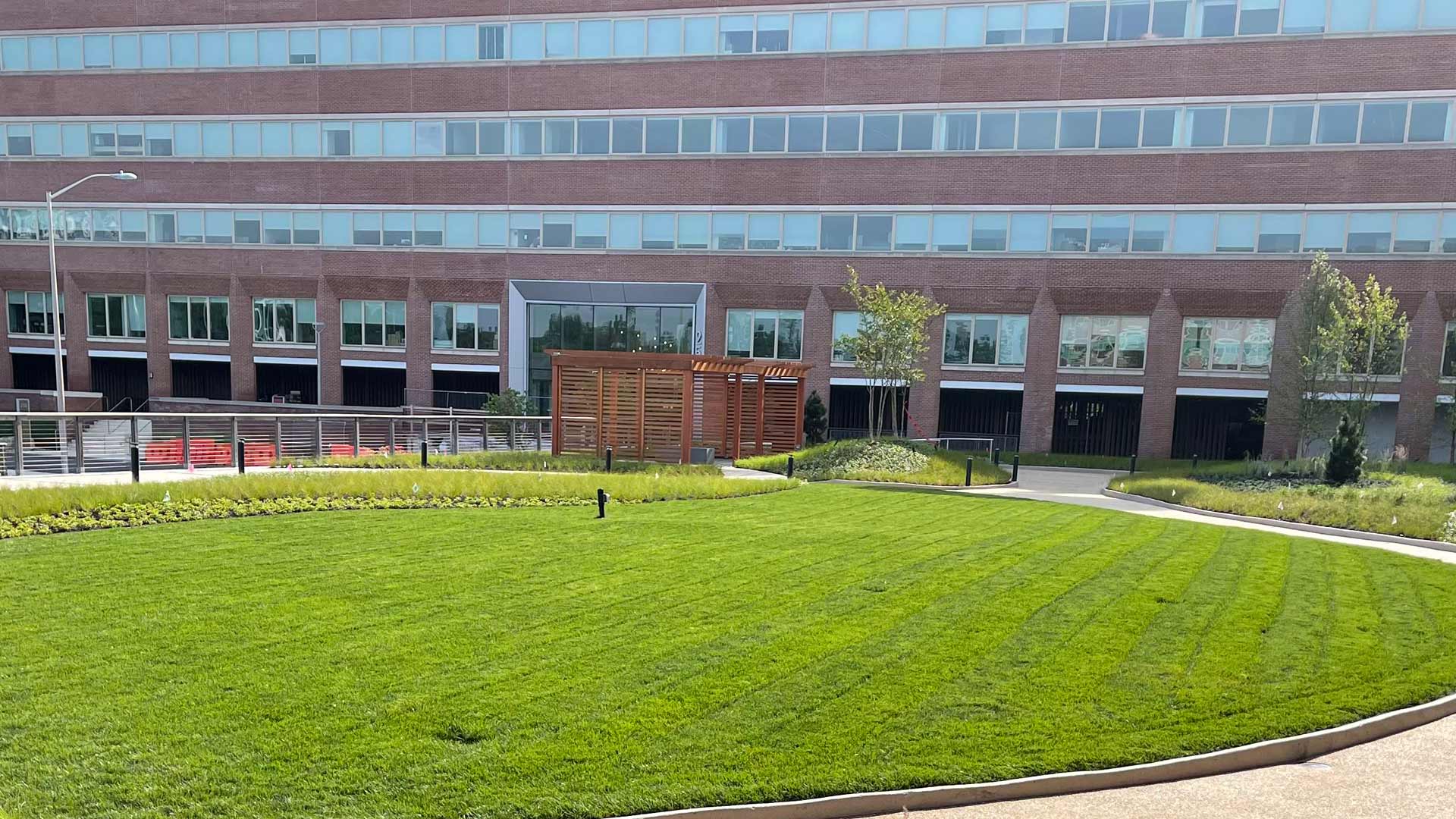 A mowed and cared lawn for a business park building in Edgewater, NJ.