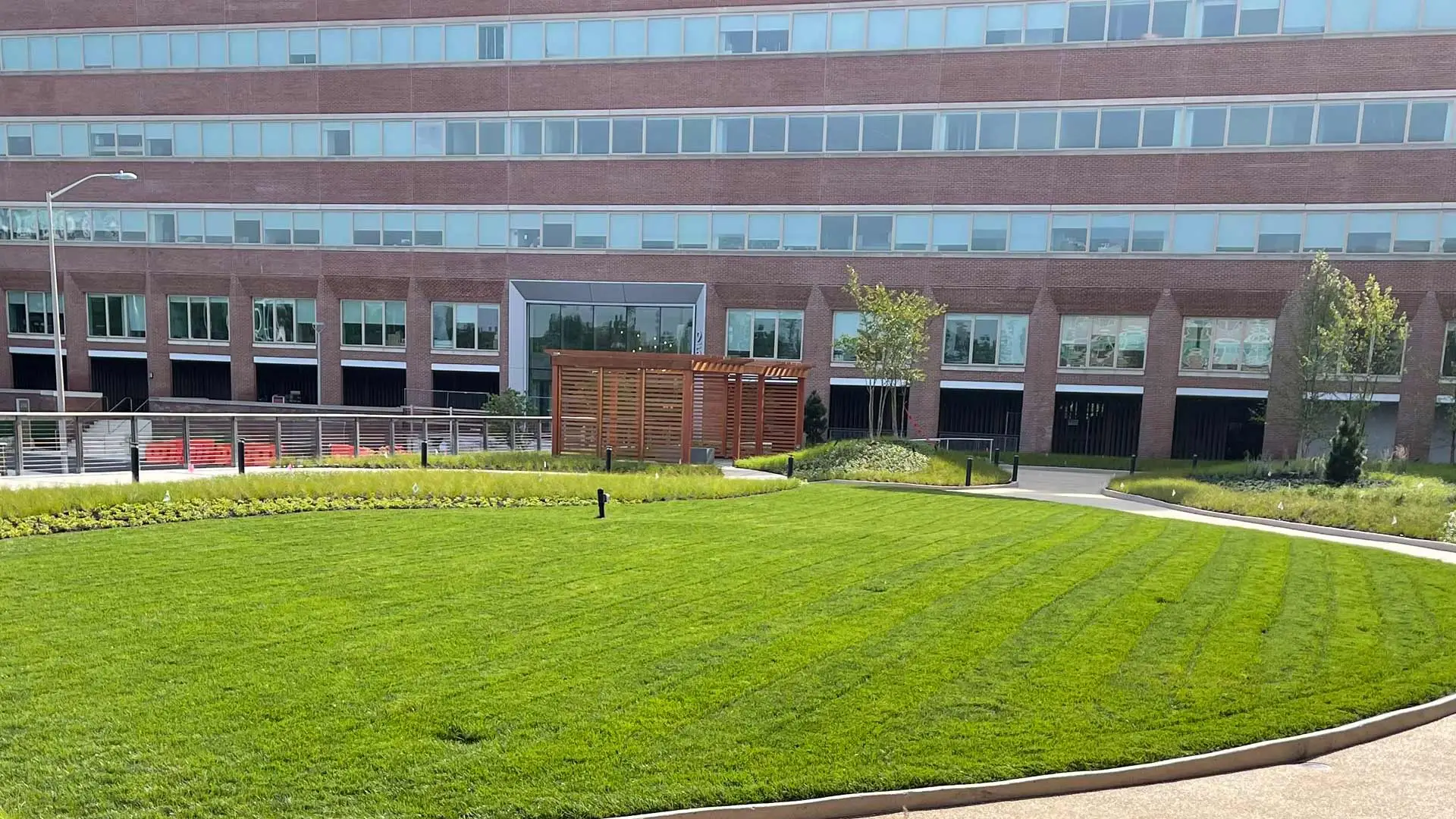 A mowed and cared lawn for a business park building in Edgewater, NJ.