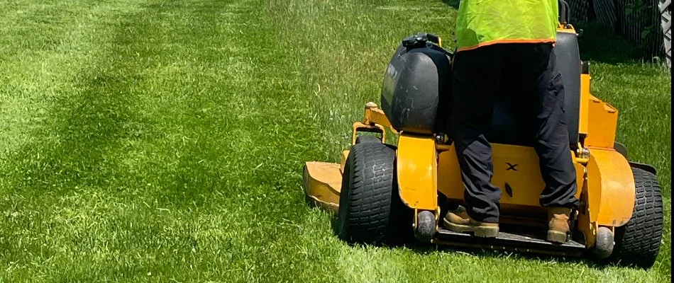 A lawn care professional on a yellow mower, mowing a commercial lawn in Alpine, NJ.