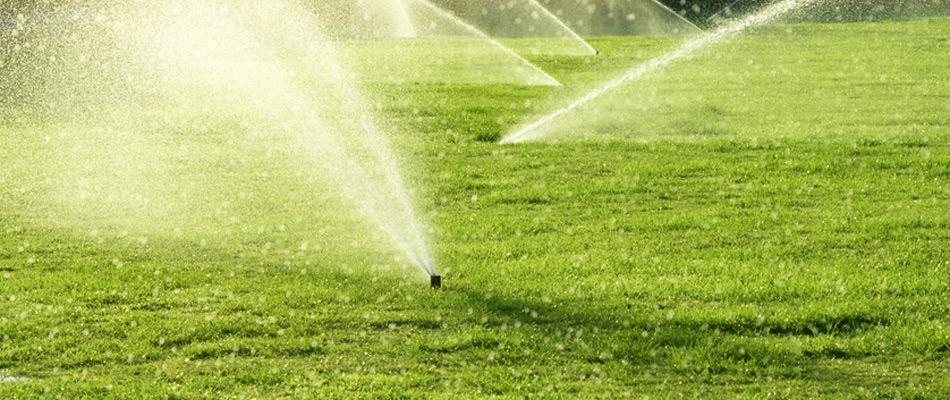 Multiple irrigation sprinklers in a lawn in Manhattan, NY.