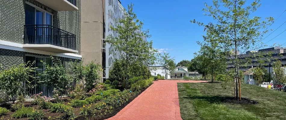 A commercial property in New Haven County, CT, with trees and green grass.
