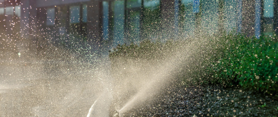 Sprinklers in a landscape bed watering plants in Edgewater, NJ.