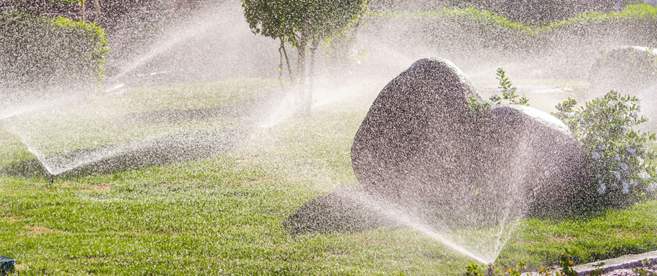 A recently installed irrigation system at work on a property in Englewood, NJ.