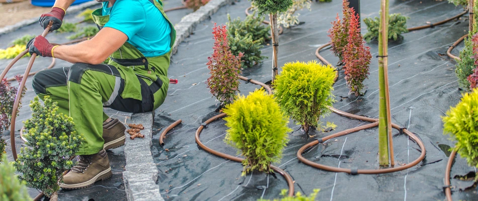 Professional working on a drip irrigation system in Alpine, NJ.